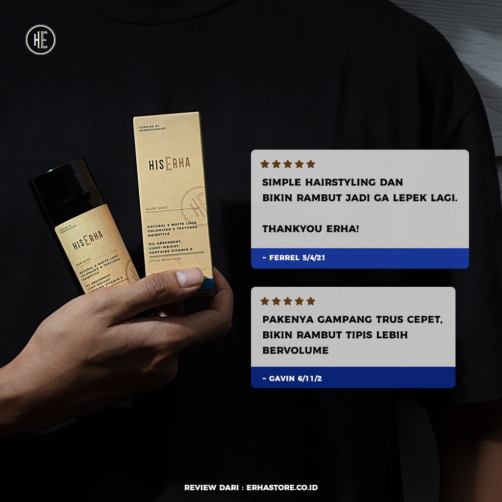 HIS ERHA Hair Dust/Powder 12g - Hairstyling Pria Untuk Rambut Bervolume, Bertekstur, Bebas Lepek/ Minyak, Natural Seharian, Wangi Segar Maskulin, Verified by Dermatologist, Vitamin E, Silica