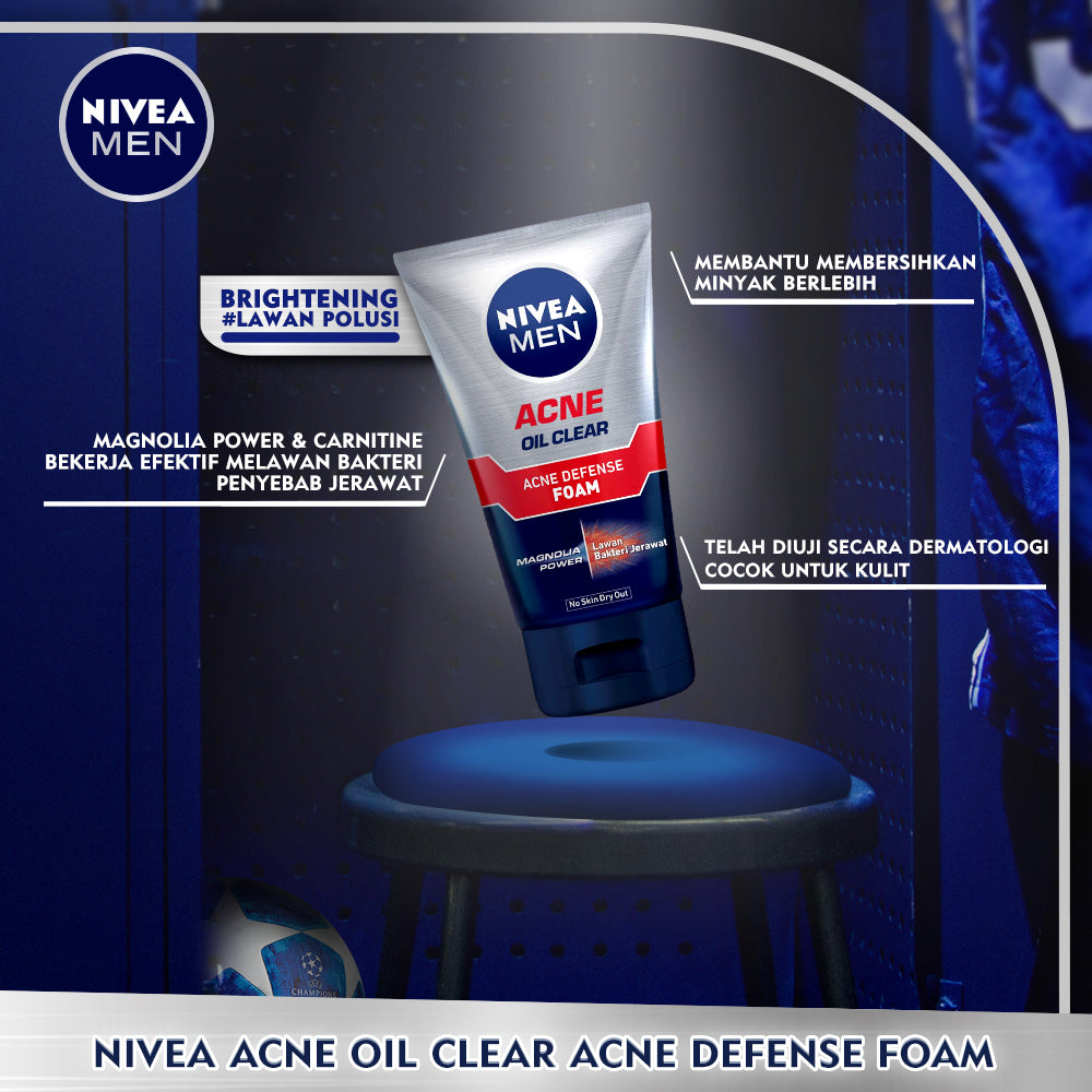 NIVEA MEN Facial Foam Oil Clear Acne Defense 50ml - Sabun cuci muka pria bebas jerawat anti bakteri pembersih wajah kulit berminyak face wash oily acne prone skin membersihkan komedo mengecilkan pori - Magnolia Power, L-Carnitine