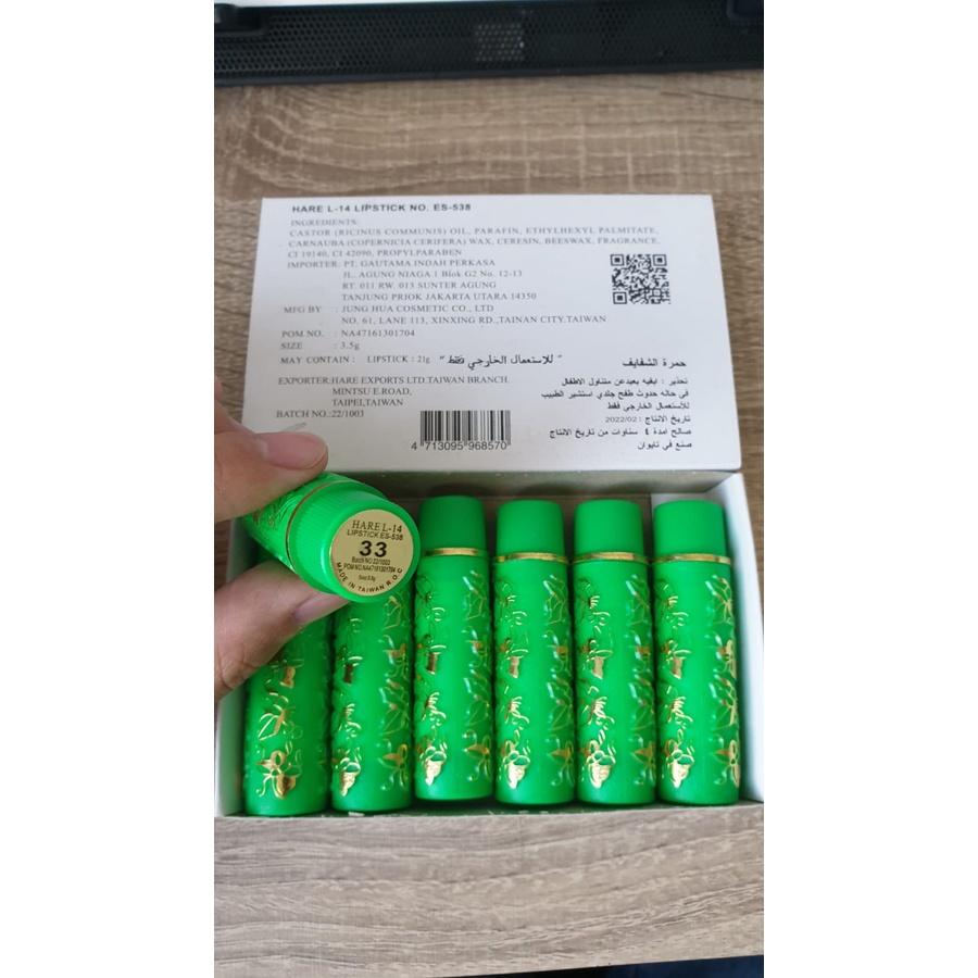 Hare Arab BPOM Resmi Lipstick Hijau Ajaib L-14, Natural Pink Finish, Non-Drying, Long-Lasting, Safe for Lips, Elegant Green Shade, 1pcs