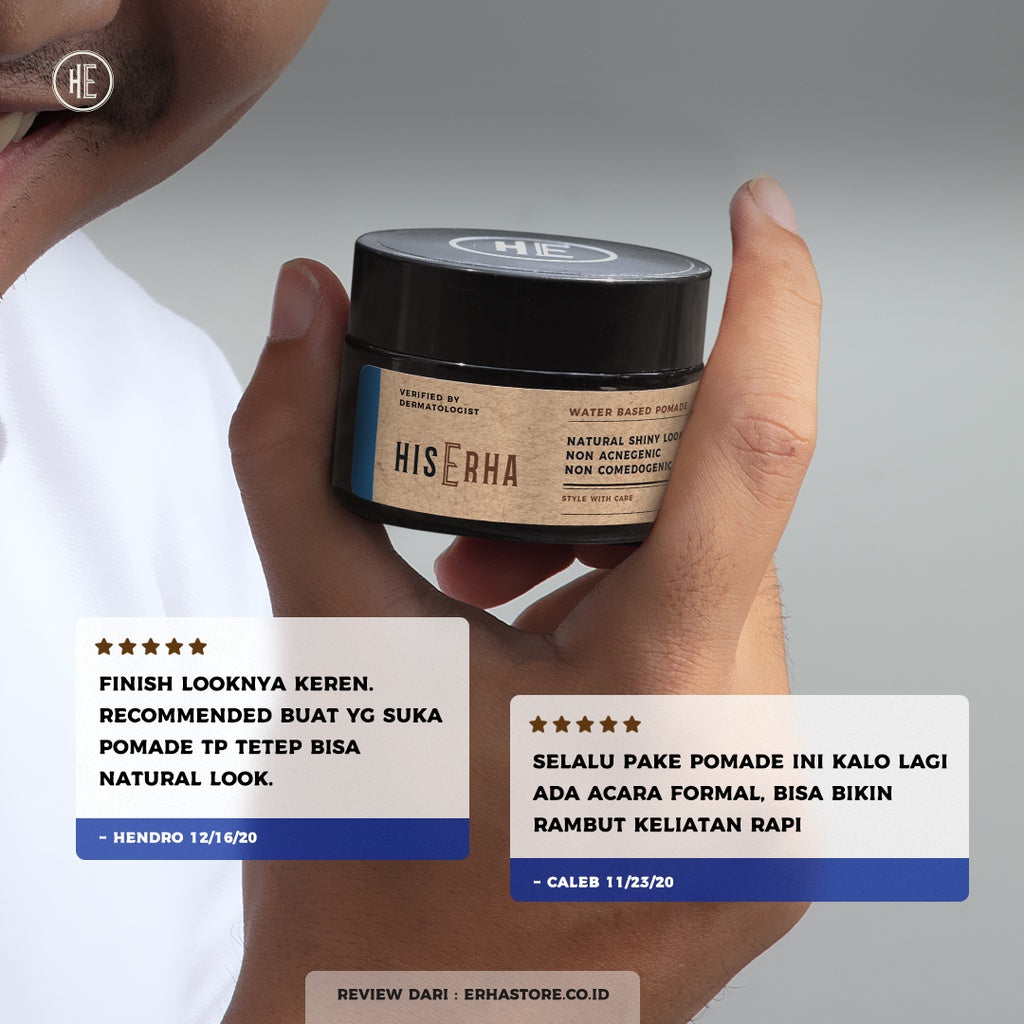 HIS ERHA Waterbased Pomade 35g - Hair Styling Pria Untuk Hasil Sleek, Strong Hold, Mudah Dicuci, Aman & Tidak Menyebabkan Timbulnya Jerawat & Komedo, Wangi Segar Maskulin, Verified by Dermatologist, Glyserin, Vitamin E, Promois, Phytenso