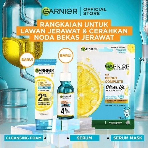 Garnier Bright Complete Anti Acne Starter Kit Serum 15 ml + Foam 100 ml - Skincare Jerawat Vitamin C