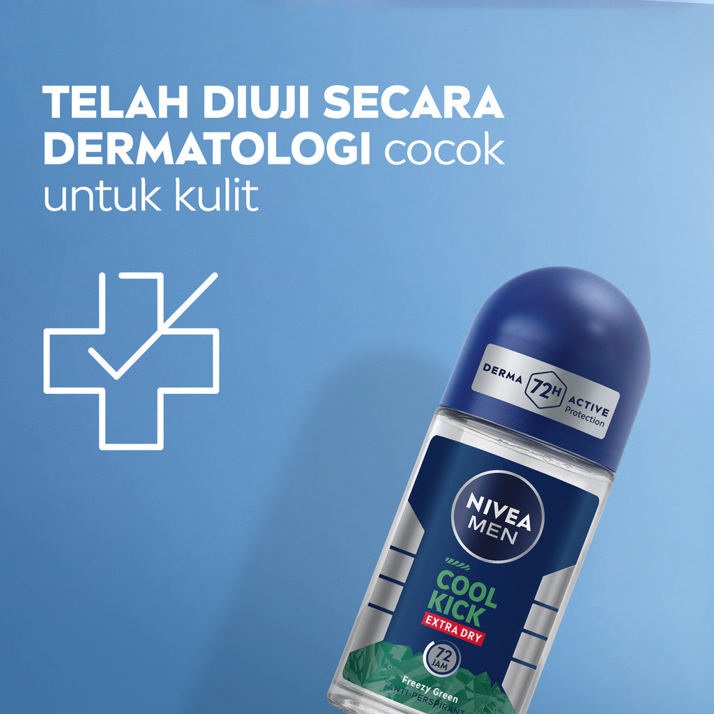 (PAKET HEMAT ISI 3) NIVEA MEN Deodorant Roll On Cool Kick Freezy Green 50ml - Deodoran pria perlindungan ekstra kering dari keringat bau badan sensasi dingin menthol wangi maskulin - Antiperspiran, tidak mengandung ethyl alkohol cocok semua jenis kulit