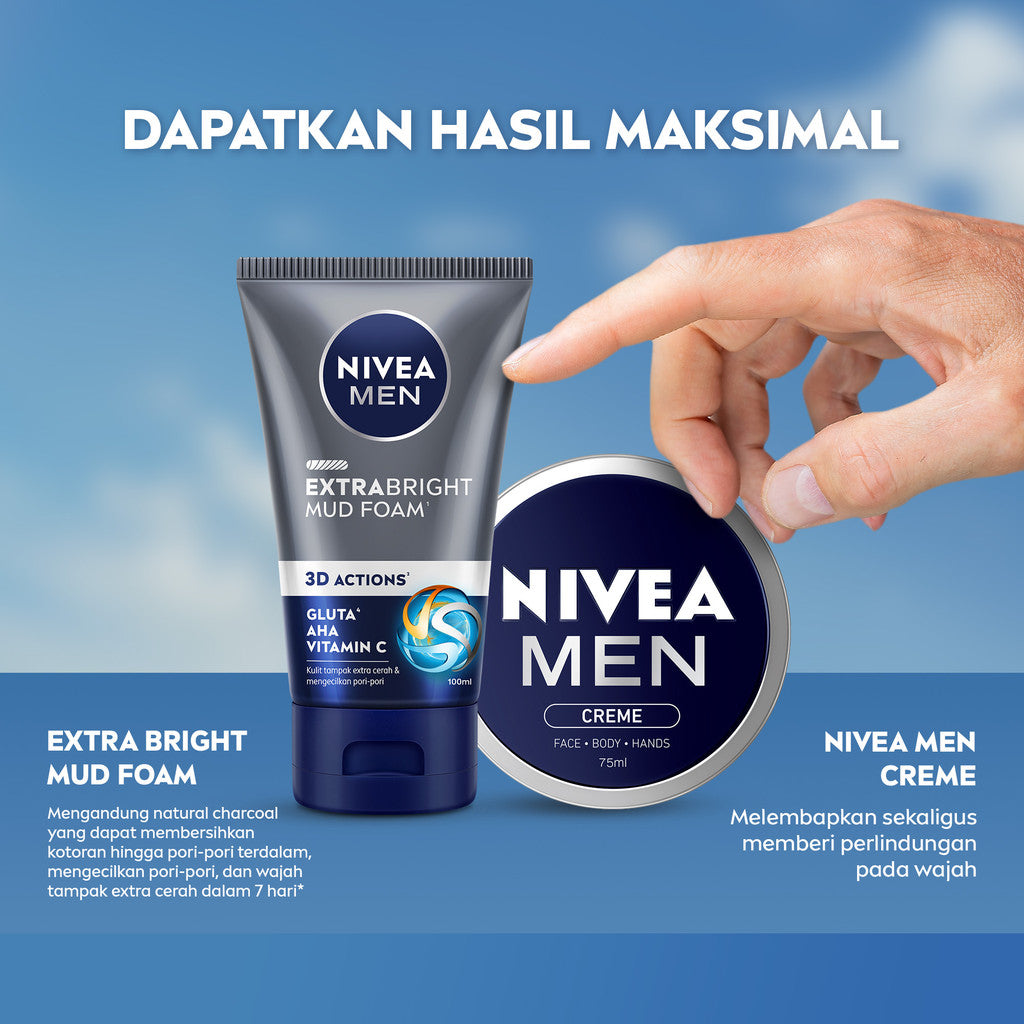 NIVEA MEN Mud Foam Extra Bright Mud Foam 100ml - Sabun cuci muka pria mencerahkan bintik hitam brightening kulit kusam cleanser facial wash pembersih wajah cerah membersihkan pori pori terdalam polusi debu kotoran - Glutathione, AHA, Vitamin C