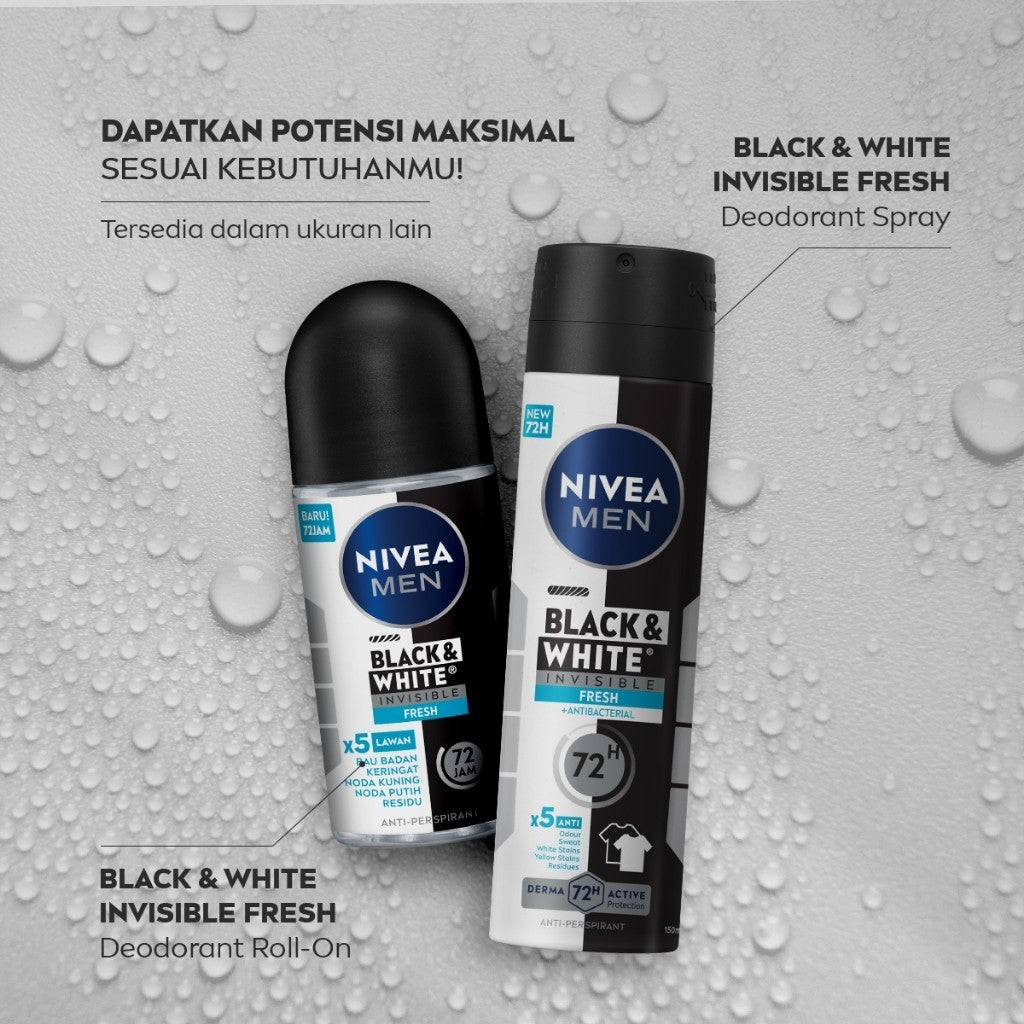 NIVEA MEN Deodorant Roll On Black & White Invisible Fresh 50ml - Deodoran pria melawan bakteri keringat bau badan dengan teknologi anti noda kuning putih dan residu wangi maskulin segar seharian - Antiperspiran, tidak mengandung ethyl alkohol