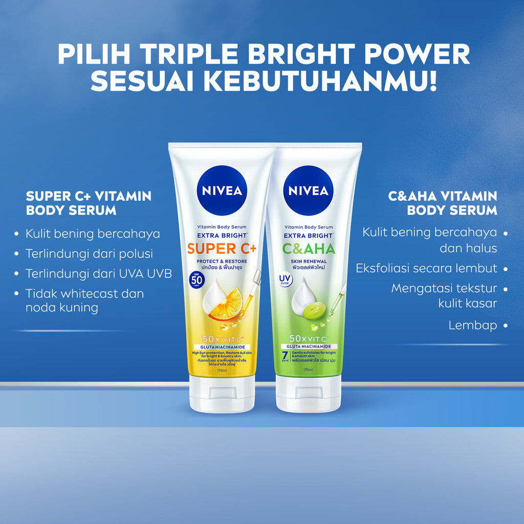 (PAKET HEMAT ISI 3) NIVEA Body Serum Extra Bright C&AHA UV Filter 170ml - Hand body serum lotion eksfoliasi halus gentle exfoliating mencerahkan kulit bening brightening melembabkan kering harian tidak lengket - Vitamin C, Niacinamide, Glutathione, AHA