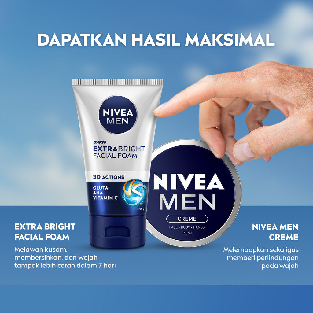 (PAKET HEMAT ISI 3) NIVEA MEN Facial Foam Extra Bright Facial Foam 100ml - Sabun cuci muka pria mencerahkan bintik hitam brightening kulit kusam facial wash wajah cerah membersihkan pori pori terdalam polusi debu kotoran - Glutathione, AHA, Vitamin C