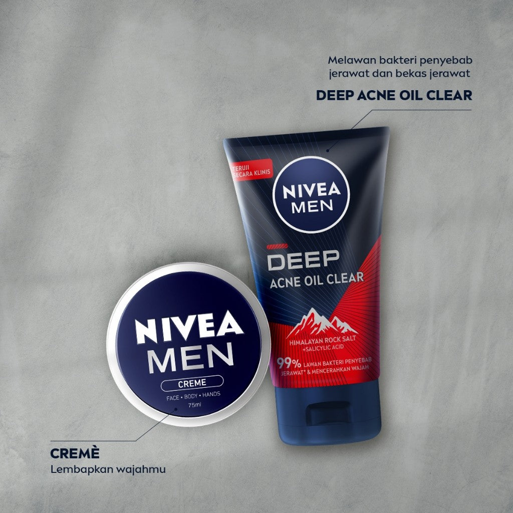 NIVEA MEN Facial Foam Deep Acne Oil Clear Face Scrub 100ml - Sabun cuci muka pria scrub wajah membersihkan bakteri penyebab jerawat komedo mengontrol kulit berminyak mengecilkan pori dan mengangkat sel kulit mati - Himalayan Salt, Salicylic Acid