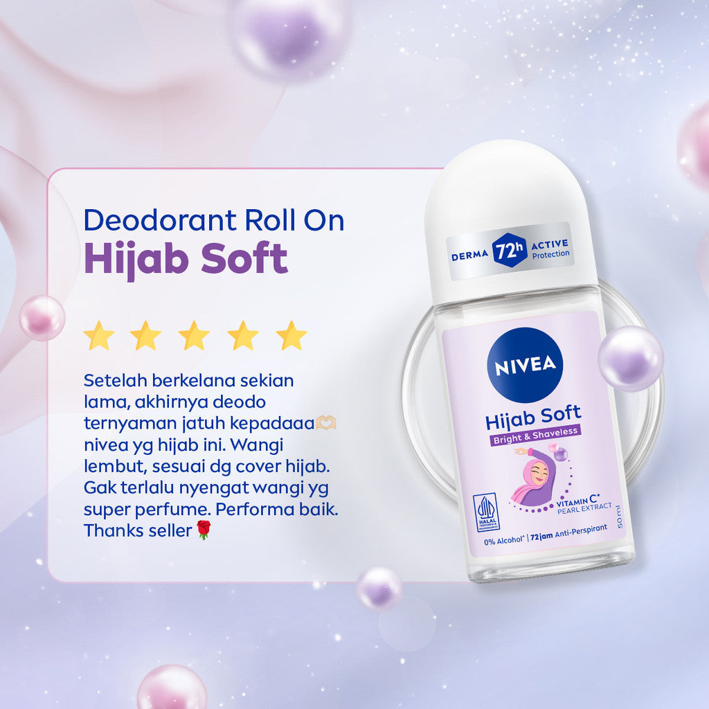 (PAKET HEMAT ISI 2) NIVEA Deodorant Roll On Brightening Hijab Soft 50ml - Deodoran wanita hijab halal mencerahkan brightening kullit lembut mengurangi frekuensi cukur bulu ketiak wangi segar seharian - Antiperspiran, Vitamin C, Ekstrak Mutiara, 0% alkohol