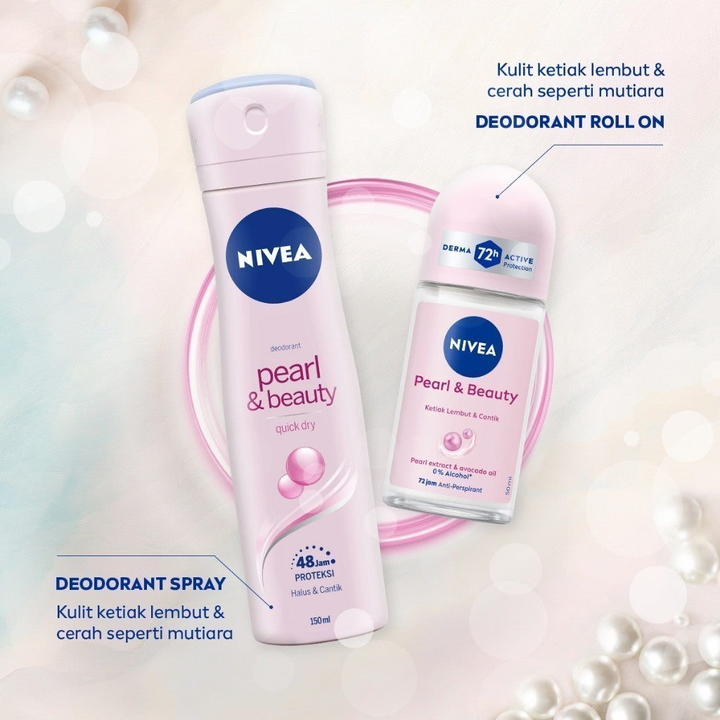 (PAKET HEMAT ISI 3) NIVEA Deodorant Roll On Pearl & Beauty 50ml - Deodoran wanita mencerahkan brightening glowing kulit ketiak halus tahan keringat dan anti bau badan - Antiperspiran, Ekstrat mutiara, Avocado oil, 0% alkohol cocok semua jenis kulit
