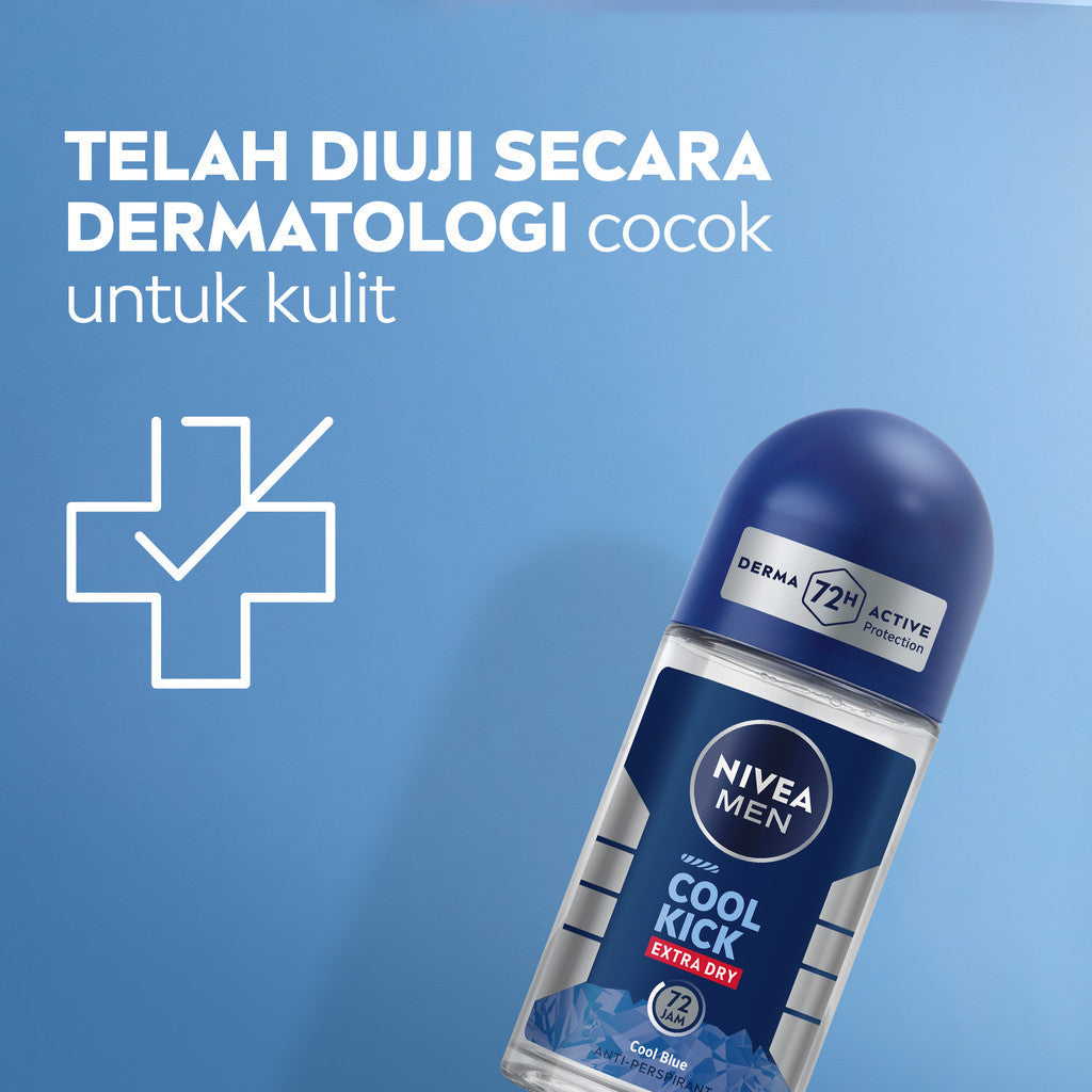 (PAKET HEMAT ISI 3) NIVEA MEN Deodorant Roll On Cool Kick 50ml - Deodoran pria perlindungan ekstra kering dari keringat bau badan dan sensasi dingin dan wangi sporty seharian - Antiperspiran, tidak mengandung ethyl alkohol cocok semua jenis kulit