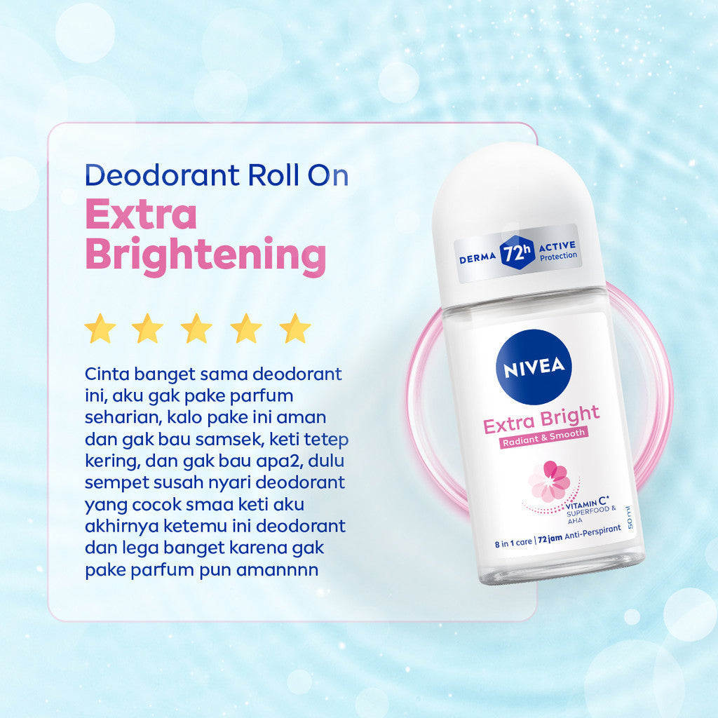 (PAKET HEMAT ISI 3) NIVEA Deodorant Roll On Extra Bright Radiant & Smooth 50ml - Deodoran wanita mencerahkan ketiak brightening glowing wangi segar seharian anti bau badan keringat - Vitamin C, Ekstrak Licorice, 0% alkohol cocok semua jenis kulit