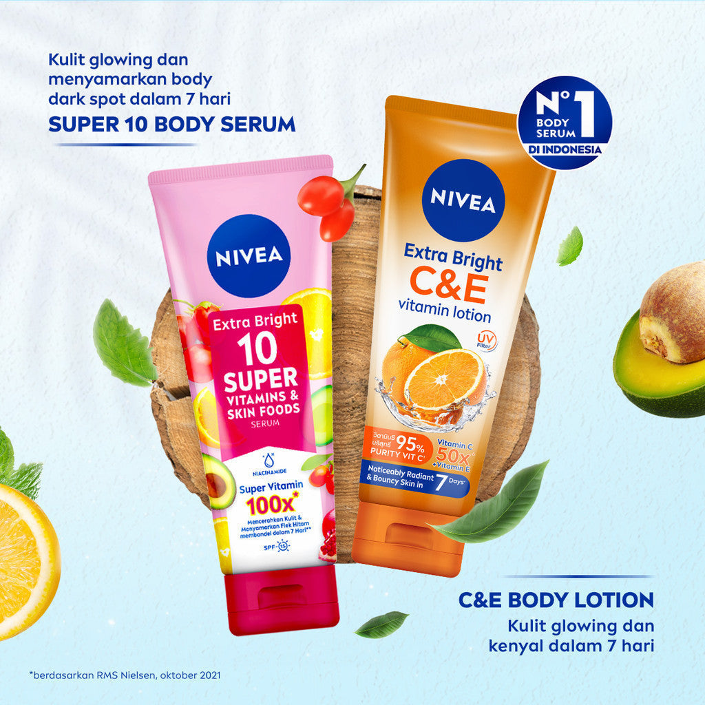 (PAKET HEMAT ISI 2) NIVEA Body Serum Extra Bright 10 Super Vitamins SPF15 180ml - Hand body serum moisturizer menyamarkan noda flek hitam dark spot mencerahkan kulit kusam badan glowing brightening tone up lembap - 10x Vitamin C, Niacinamide, Pomegranate