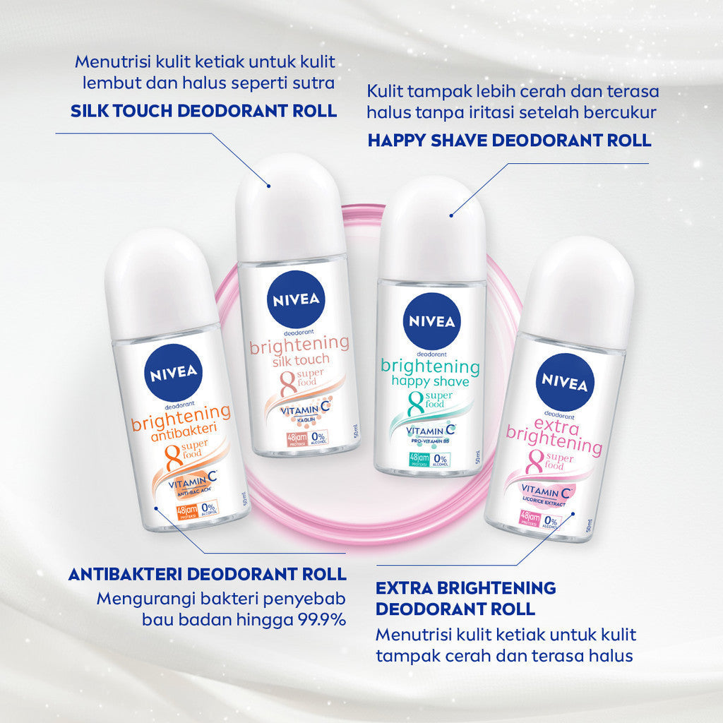 (PAKET HEMAT ISI 4) NIVEA Deodorant Roll On Extra Bright Radiant & Smooth 25ml - Deodoran wanita mencerahkan ketiak brightening glowing wangi segar seharian anti bau badan keringat - Vitamin C, Ekstrak Licorice, 0% alkohol cocok semua jenis kulit