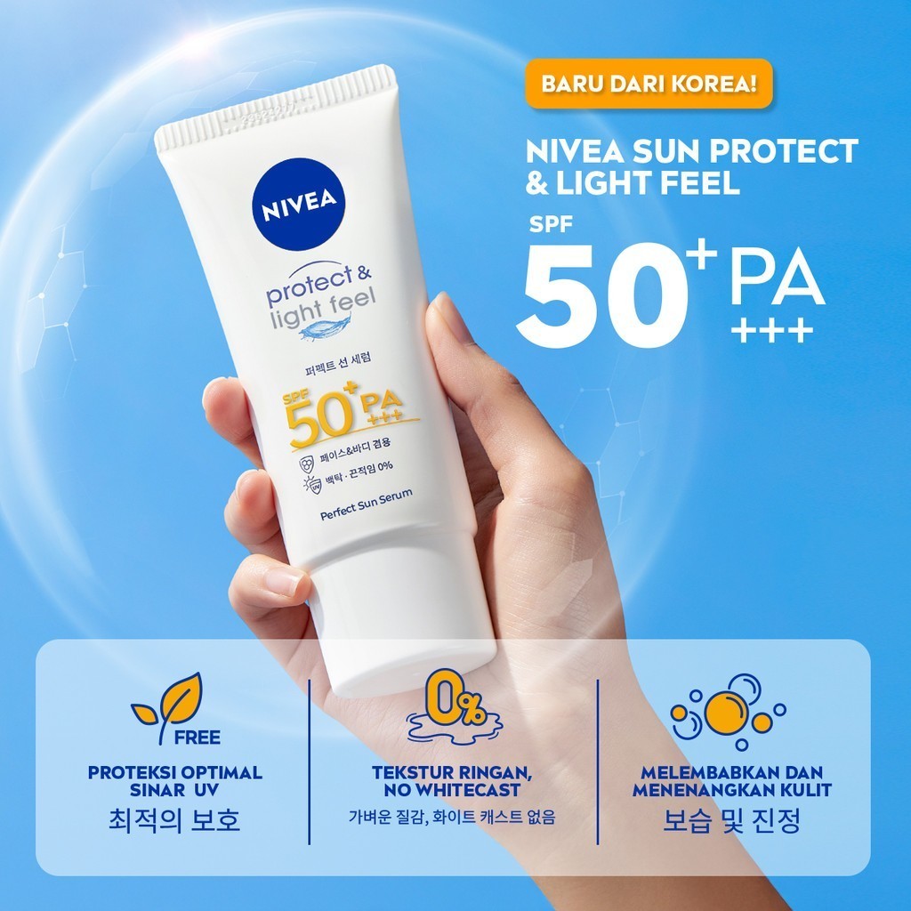 (PAKET HEMAT ISI 2) NIVEA SUN Sunscreen Face Serum Protect & Light Feel SPF50+ PA+++ 90ml - Sunscreen wajah serum sunblock korea sunranghaeyo cocok kulit sensitif SPF UV lightweight tekstur ringan cepat meresap tidak lengket no whitecast - No 1 Korea