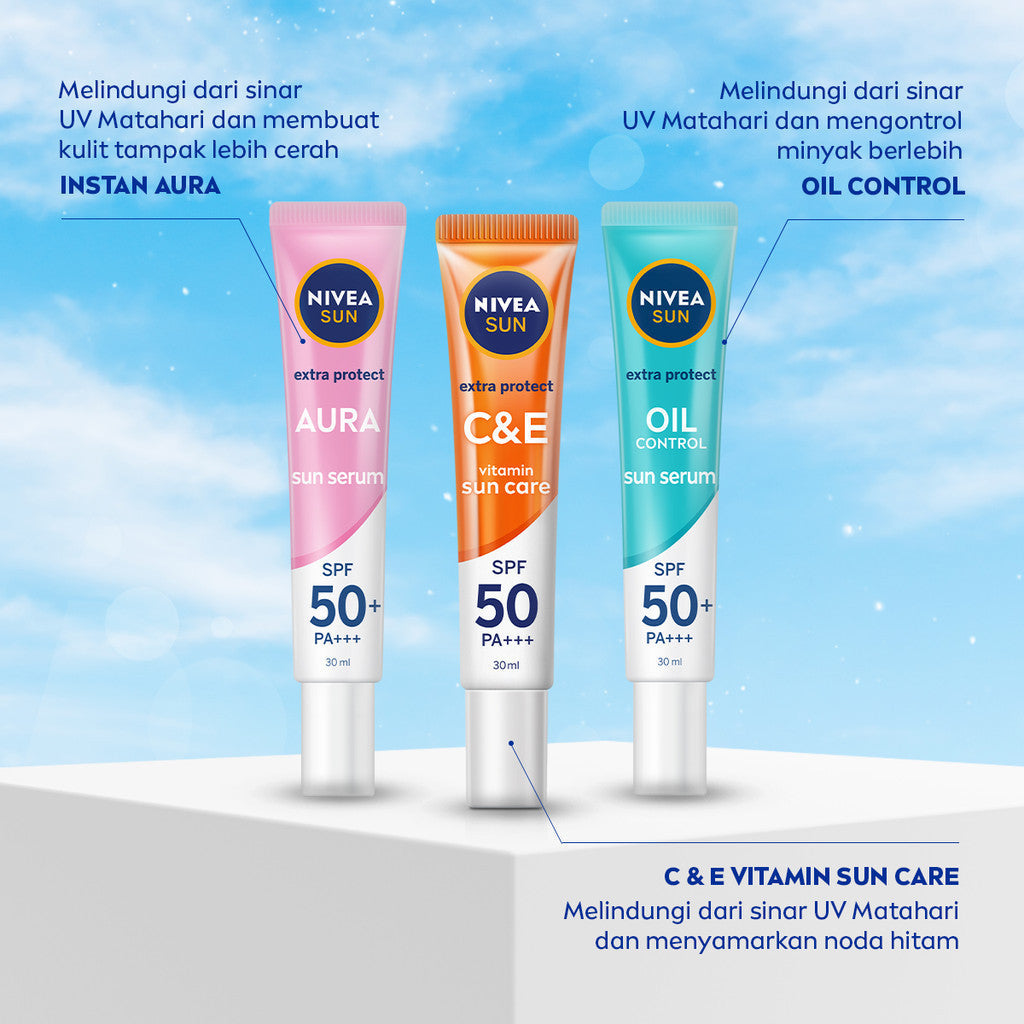 (PAKET HEMAT ISI 2) NIVEA SUN Sunscreen Face Serum Extra Protect C&E SPF50+ PA+++ 30ml - Sunscreen wajah serum sunblock mencerahkan brightening tone up SPF UV lightweight gel tekstur ringan cepat meresap tidak lengket no whitecast - Vitamin C, Vitamin E