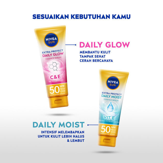 (PAKET HEMAT ISI 2) NIVEA SUN Sunscreen Body Serum Daily Glow Essence Serum SPF50+ PA+++ 180ml - Sunscreen badan sunblock melembapkan lembab SPF UV lightweight tekstur ringan cepat meresap tidak lengket no whitecast blue light polusi - 96% Vitamin E