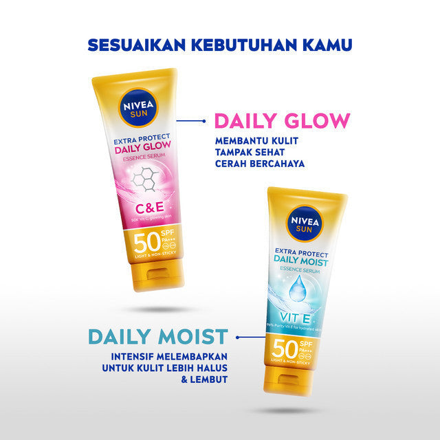 (PAKET HEMAT ISI 2) NIVEA SUN Sunscreen Body Serum Daily Glow Essence Serum SPF50+ PA+++ 180ml - Sunscreen badan sunblock mencerahkan SPF UV lightweight tekstur ringan cepat meresap tidak lengket no whitecast blue light polusi - 50x Vitamin C, Vitamin E
