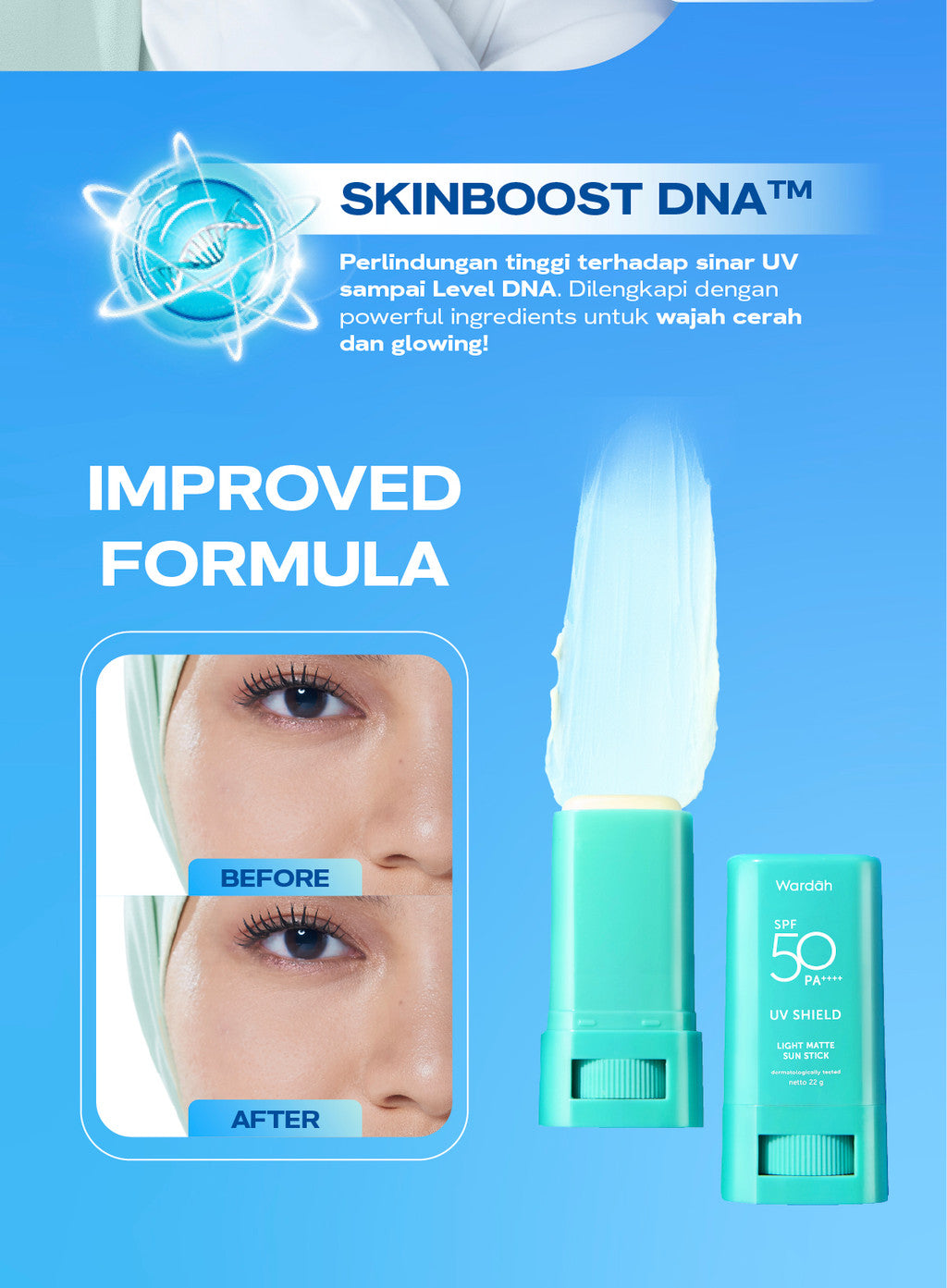 WARDAH UV Shield Light Matte Sun Stick SPF 50 PA +++ 22 g - Sunscreen Wajah 0% Alkohol dan Sebum Control - Tekstur Ringan - Untuk Semua Jenis Kulit - Skincare