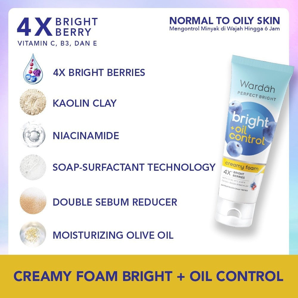 WARDAH Perfect Bright Creamy Foam Bright Oil Control Facial Wash Untuk Kulit Berminyak Mengontrol Produksi Minyak Hingga 12 Jam dan Membersihkan Kulit Tanpa Rasa Ketarik Cerah Sehat Bebas Kilap - Skincare