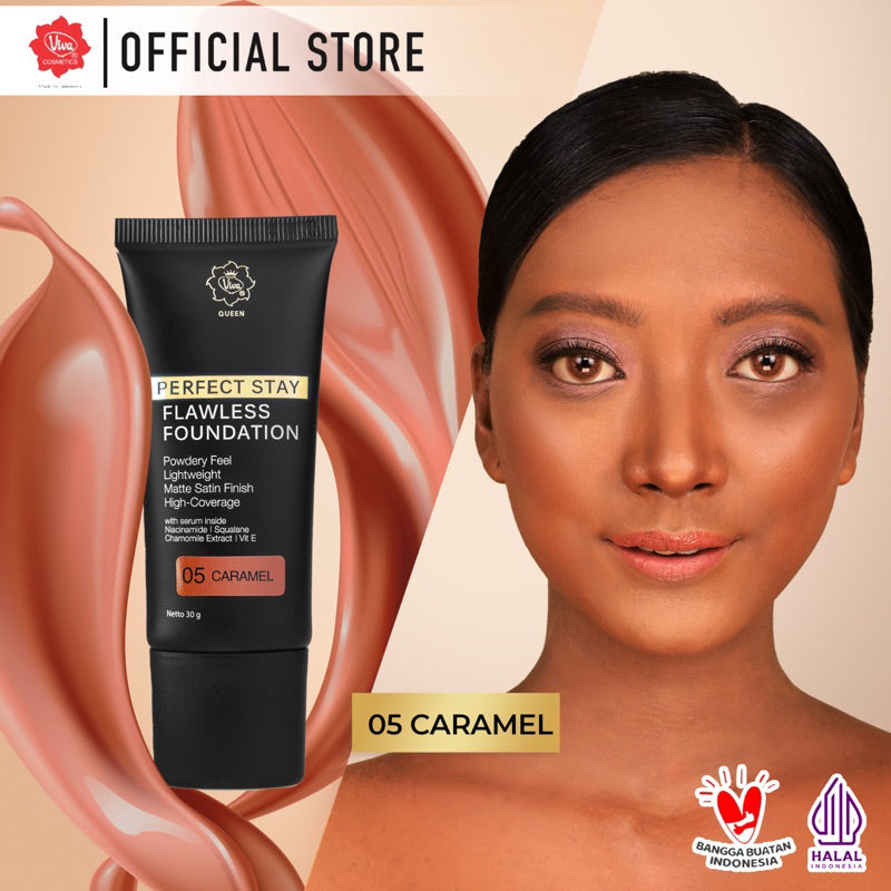 Viva Queen Perfect Stay SERUM Flawless Foundation with NIACINAMIDE, UV FILTER, VIT E & Chamomile Extract (30gr) – High Coverage, Transferproof, Lightweight & Matte Satin Finish (tersedia 5 varian warna)