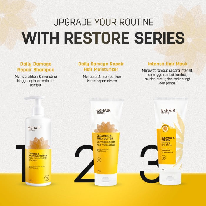 ERHAIR Restore Damage Repair Hair Moisturizer 200 ml - Conditioner Rambut Rusak & Kering | Ceramide & Keratin | Anti Kusut Anti Patah |Rambut berkilau Anti Frizzy