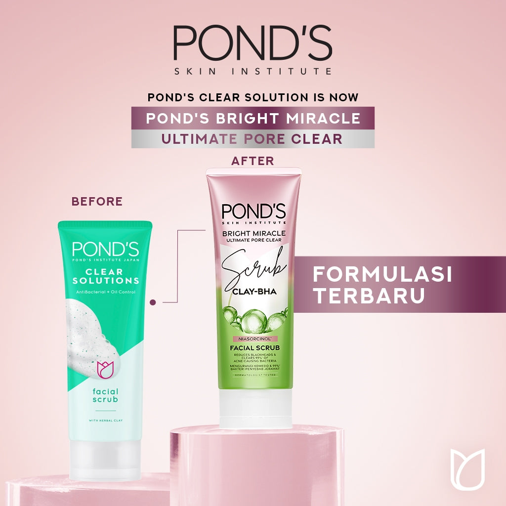 Pond's Bright Miracle Ultimate Pore Clear Facial Scrub 100G - Sabun cuci muka yang membersihkan 99% bakteri penyebab jerawat