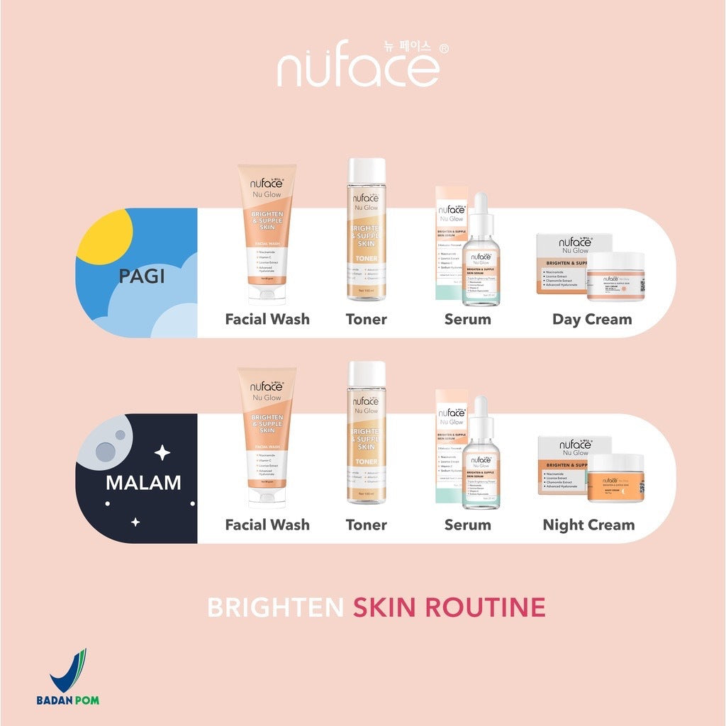NUFACE Nu Glow Brighten & Supple Skin + Retinol 5 IN 1 Package / Indonesia Paket Wajah 5 Pcs / Facial Wash / Toner Serum / Day Night Cream / Mask / Sunscreen / Moisturizer / Scrub Peeling / Masker / Brightening / Mencerahkan Kulit Wajah Face / Bundle Set