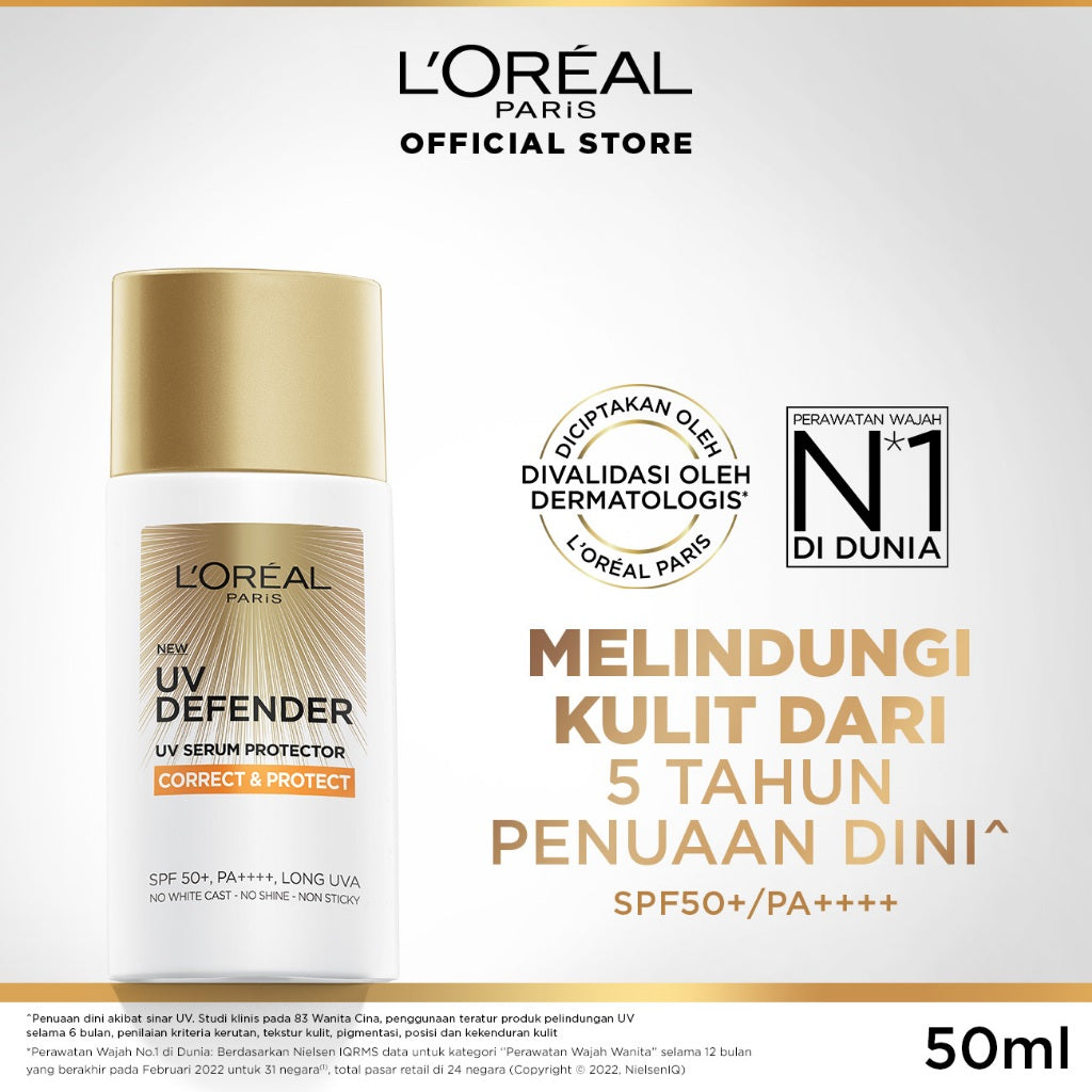 L'Oreal Paris UV Defender Serum Protector Sunscreen SPF 50+ / PA ++++ Skin Care - 50ml (Untuk Mencegah Kulit Tampak Tua 5 Tahun & Melembapkan)