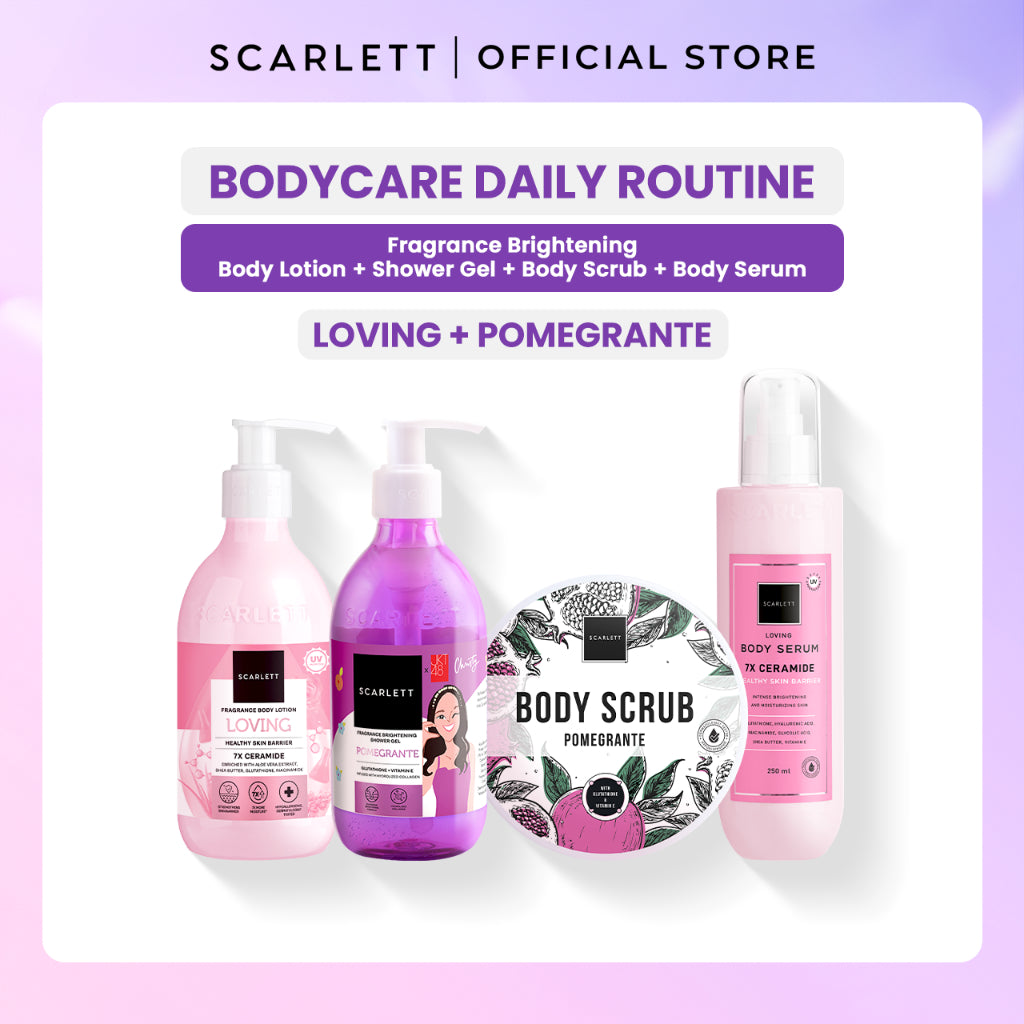 SCARLETT 4in1 Bodycare Daily Routine Body Scrub + Shower Scrub + Body Serum + Body Lotion Paket Sehari-hari Mencerahkan Kulit | Intense Mencerahkan Kulit Wangi Tahan Lama