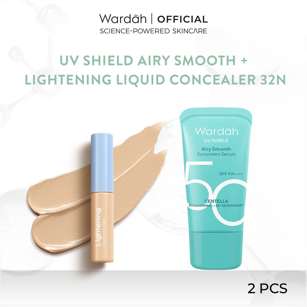 Wardah Paket UV Shield Airy Smooth Sunscreen Serum SPF 50 PA++++ 25 ml + Lightening Liquid Concealer 6 g - Base Make Up - Wajah Terlindungi, Noda Hitam Bekas Jerawat Tertutupi - Skincare