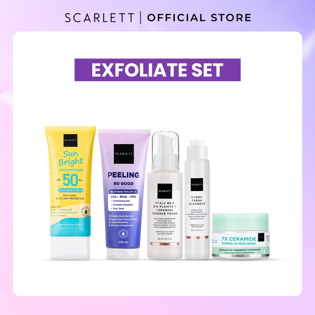 Scarlett Whitening 5pcs ( acne set, hydrating & glowing set, brightening set, anti aging set, skin barrier set, exfoliate set ) Mencerahkan Melembabkan