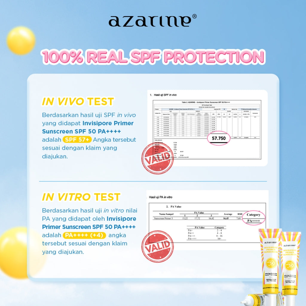 Azarine Invisipore Primer Sunscreen SPF 50 PA++++ 30gr Primer Makeup Pore Blurring Tahan Lama Longlasting Flawless Finish dengan PENTAVITIN™, Niacinamide, dan Centella Asiatica membantu melindungi dari polusi, sinar bluelight, sinar UV Semua Jenis Kulit