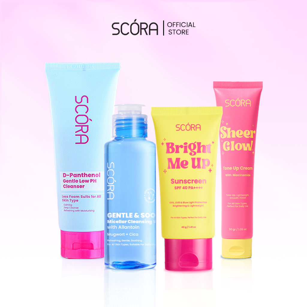 SCORA Bright Me Up Sunscreen 40 Gr + SCORA Gentle and Soothe Micellar Cleansing Water 100ML + Scora Sheer Glow Tone Up Cream 30 mL + SCORA Gentle Low pH Cleanser 100ml