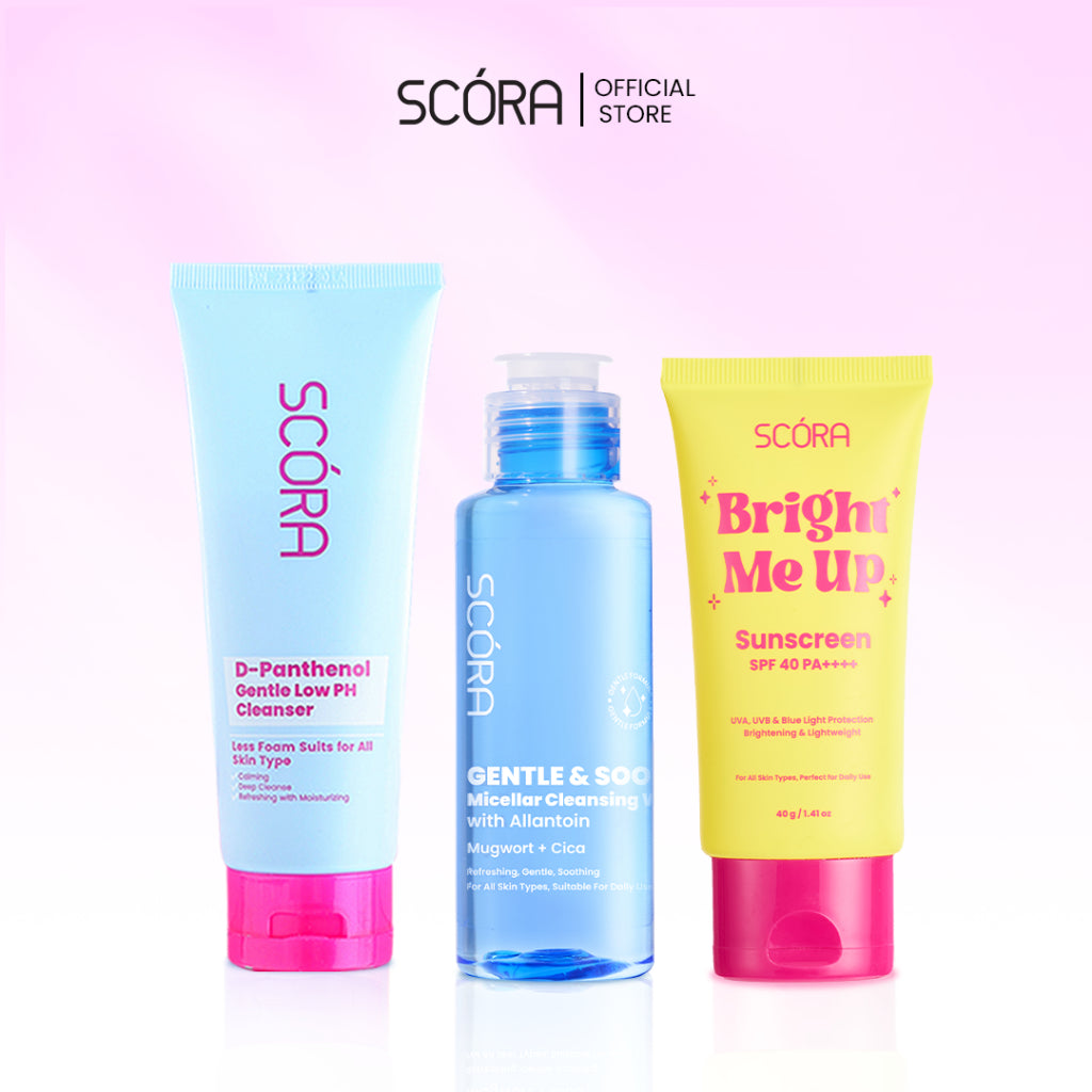 SCORA Bright Me Up Sunscreen 40 Gr + SCORA Gentle and Soothe Micellar Cleansing Water 100ML + SCORA Gentle Low pH Cleanser 100ml