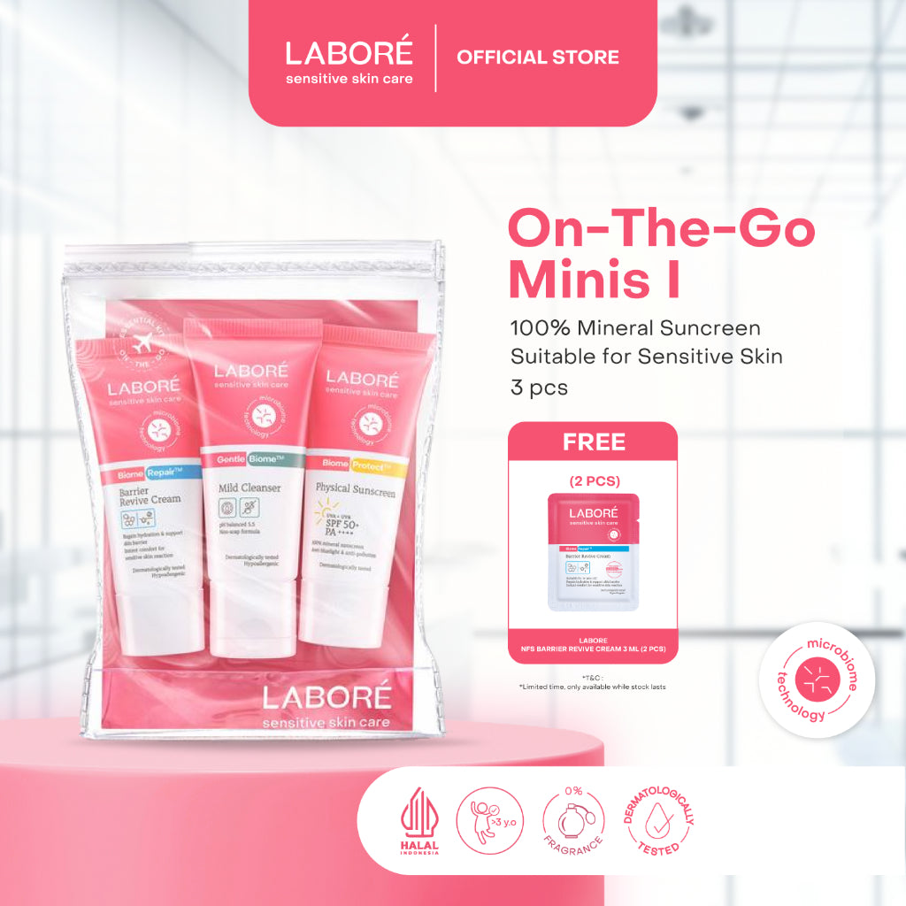 Labore Sensitive Skin Care On-The-Go Minis - Travel Size Sensitive Skin Care Kit - Paket Mild Cleanser 15ml, Barrier Revive Cream 10ml, Physical Sunscreen 10ml untuk Perawatan Wajah Kulit Sensitif