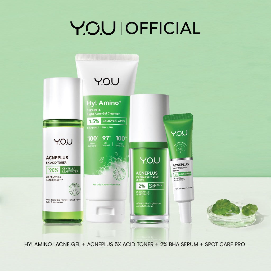 YOU Acneplus 4in1 Bundle Exfoliating Toner, Acne Spot, Serum, Hy! Amino+ 1.5% BHA Fight Acne Gel Cleanser Serum Jerawat Obat Totol Jerawat Paket Skincare