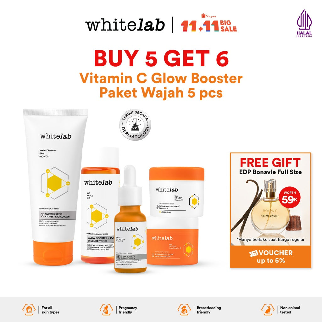Whitelab 5 pcs Glow Booster C-Dose+ Brightening Paket Wajah - Facial Wash, Toner, Serum, with Day Cream & Moisturizer Paket Skincare