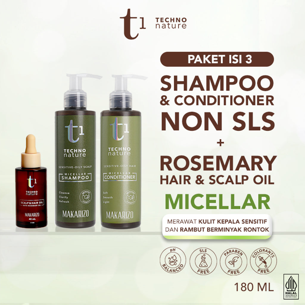 PAKET ISI 3 - Makarizo T1 Techno Nature Micellar Shampoo & Conditioner 180 mL + Rosemary Scalp & Hair Oil 40mL