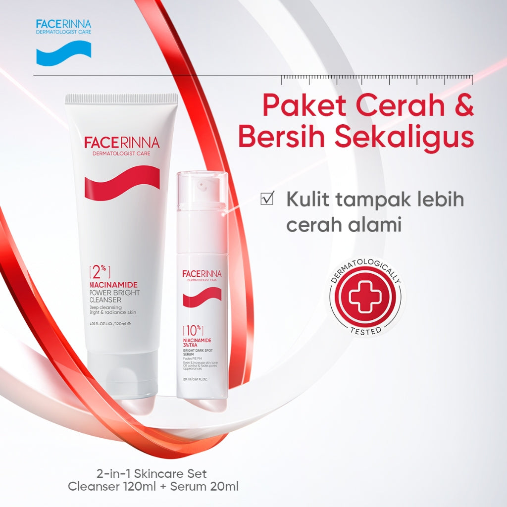 FACERINNA Dark Spot Brightening 4pcs/2pcs Skincare Set| Niacinamide TXA Evens Skin Brightening Deep Cleansing Proteksi UV Daily UV Defense Physical Sunscreen Menyerap Cepat Mencerahkan Fades Dark Spots Tone Up Cream Sunscreen Wajah Sunblock Kulit Berminya