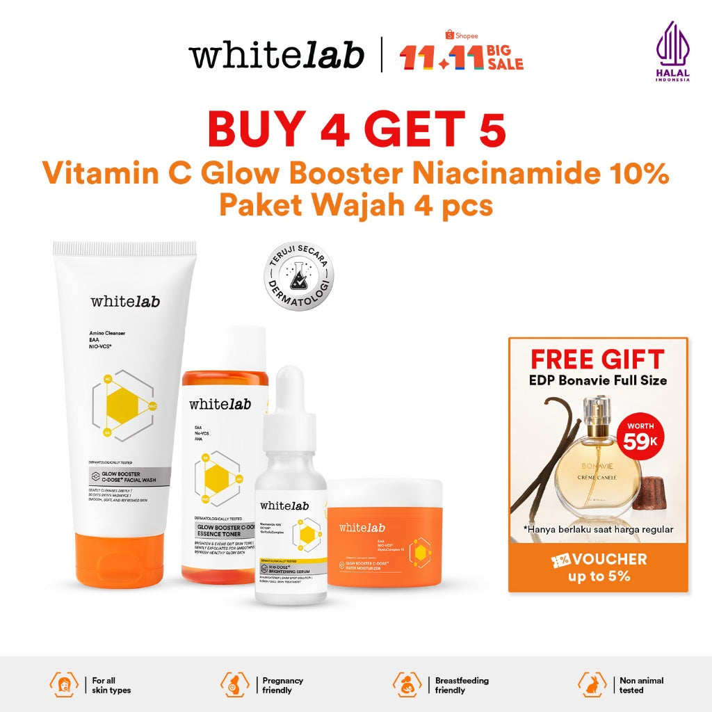 Whitelab 4 pcs Glow Booster C-Dose+ Brightening Paket Wajah - Facial Wash, Toner, Serum, with Moisturizer Paket Skincare