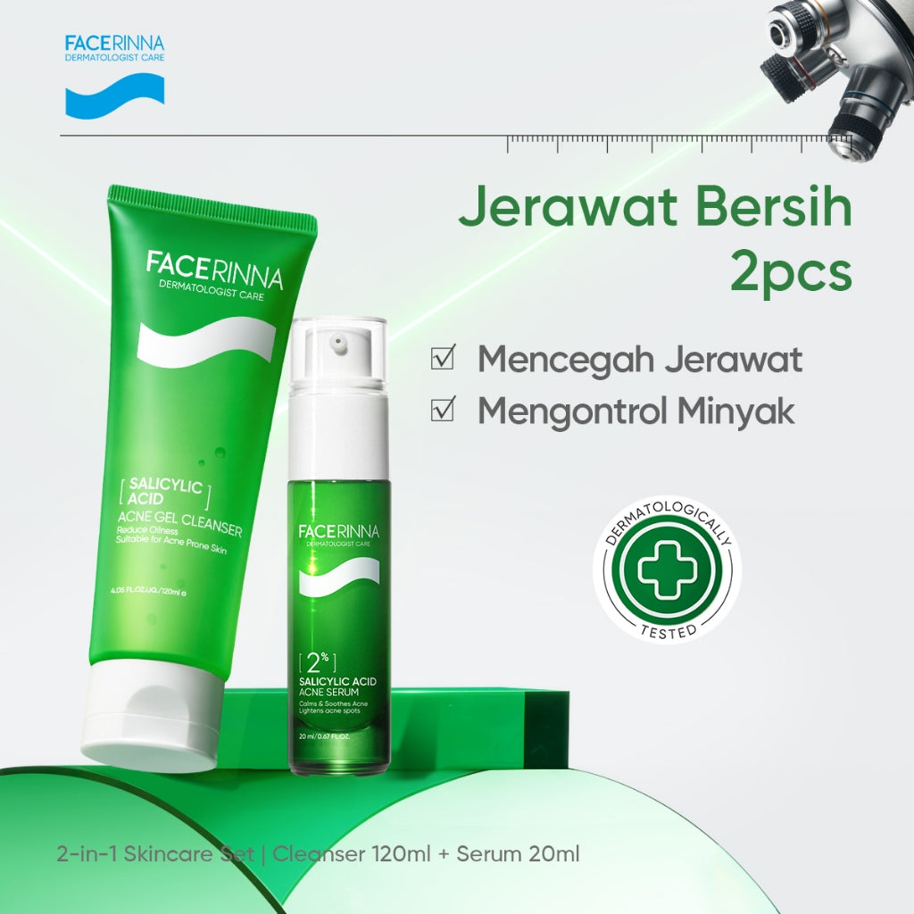 FACERINNA 2% Salicylic Acid + 2% Niacinamide Acne Serum 20ml | Serum Jerawat Acne Treatment Menghilangkan Bekas Jerawat Kulit Beruntusan Mencegah Jerawat Datang Lagi Calms Acnes&Redness Prevents Breakout | Anti-Acne Exfoliating Brightening Pemutih Wajah