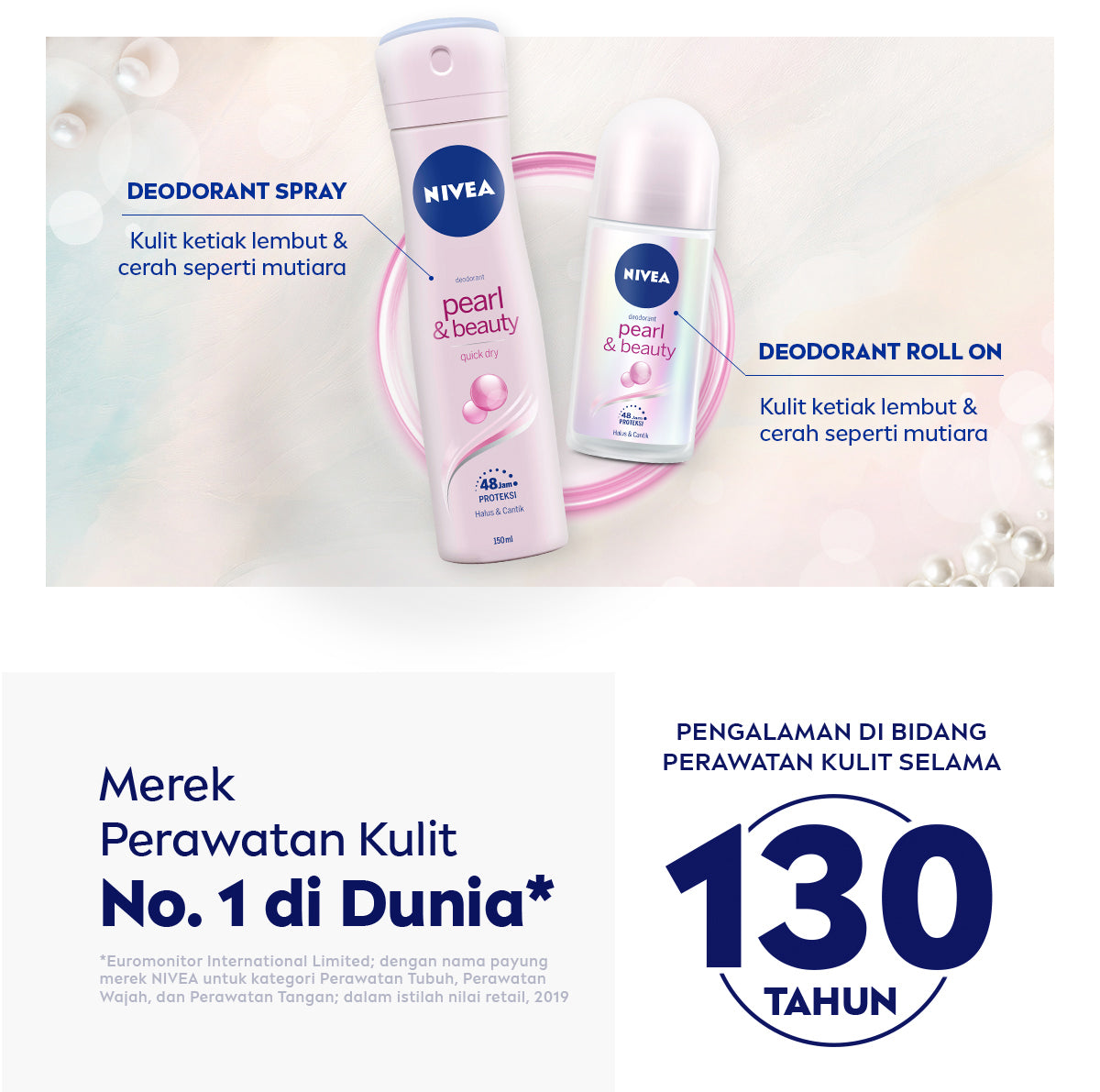 NIVEA Deodorant Roll On Pearl & Beauty 50ml - Deodoran wanita mencerahkan brightening glowing kulit ketiak halus tahan keringat dan anti bau badan - Antiperspiran, Ekstrat mutiara, Avocado oil, 0% alkohol cocok untuk semua jenis kulit