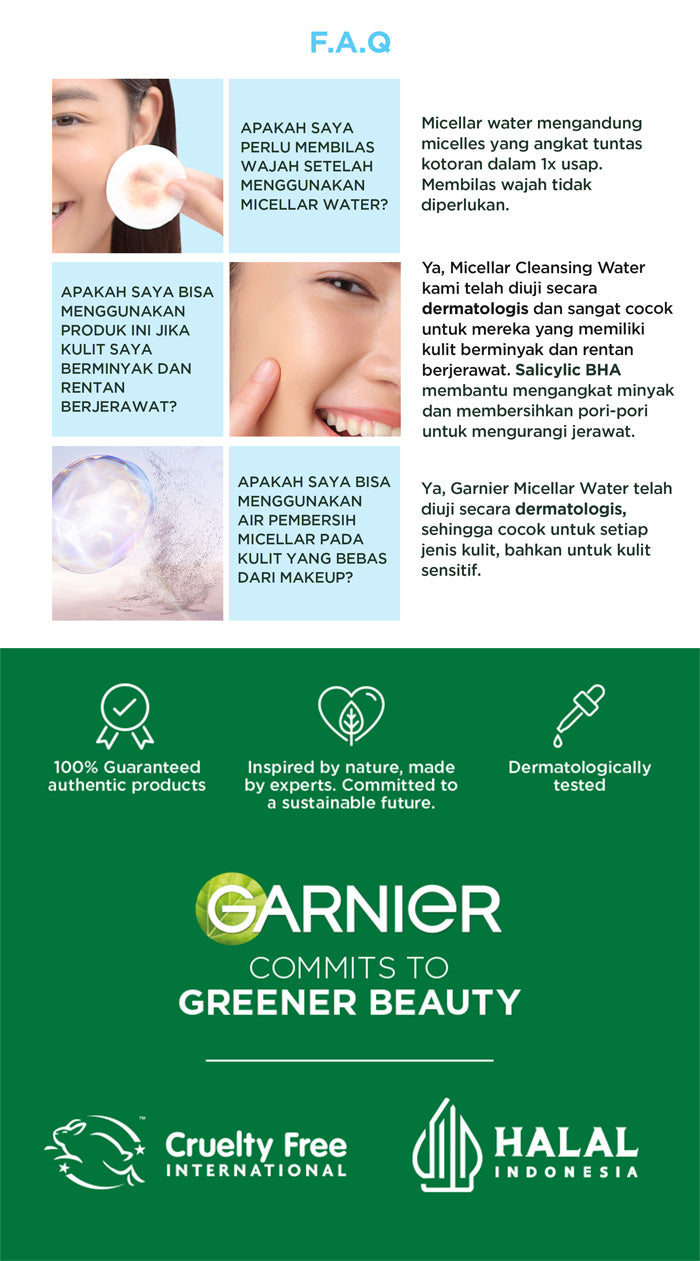 GARNIER Micellar Water Blue Salicylic Acid 400ml Skincare Cleansing - Skincare Pembersih Wajah & Make up untuk kulit berminyak jerawat Micellar Cleansing Water