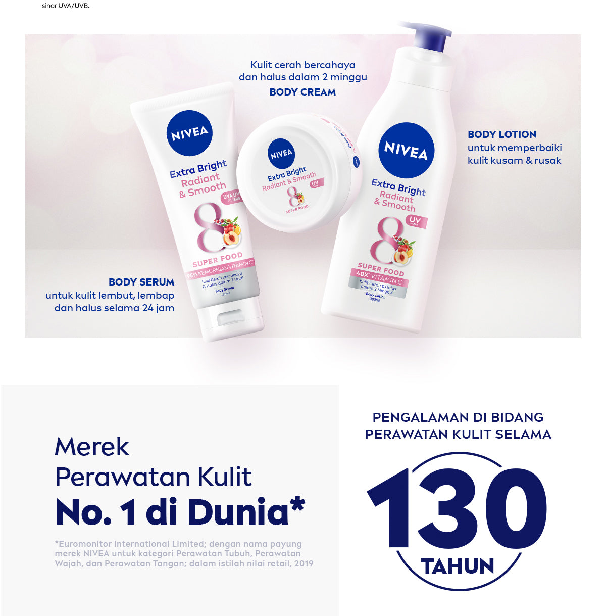 NIVEA Body Cream Extra Bright Radiant & Smooth UV Filter 100ml - Hand body krim lotion moisturizer mencerahkan kulit kusam halus lembut badan glowing brightening tone up serum melembabkan kulit kering - 40x Vitamin C, UVA UVB Filter, 8 Super food