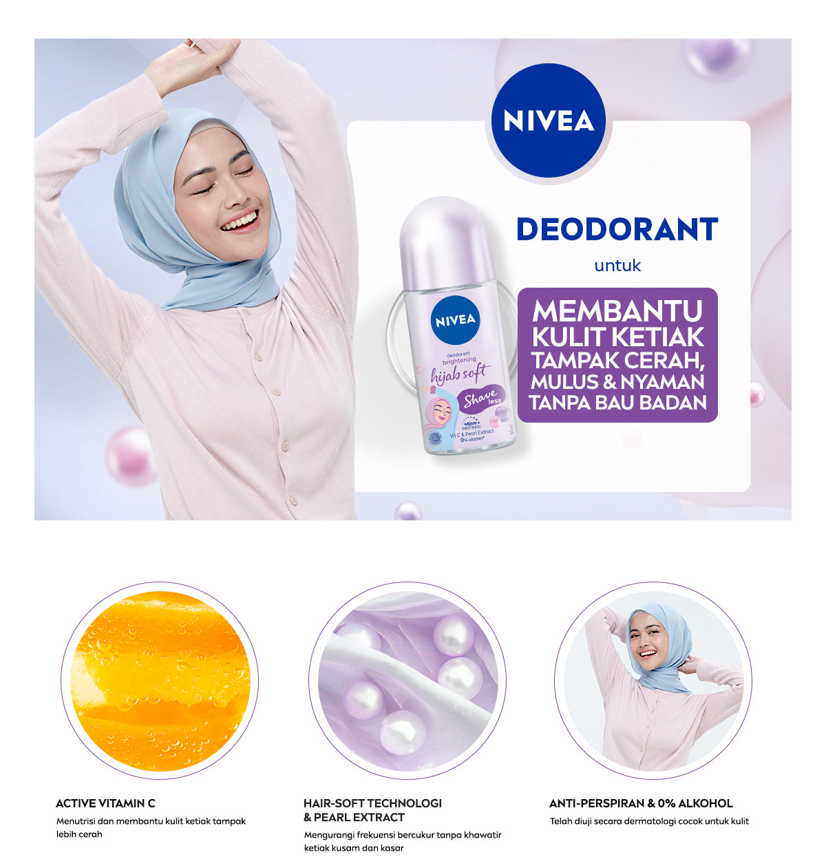 NIVEA Deodorant Roll On Brightening Hijab Soft 50ml - Deodoran wanita hijab halal mencerahkan brightening kullit lembut mengurangi frekuensi cukur bulu ketiak wangi segar tahan lama seharian - Antiperspiran, Vitamin C, Ekstrak Mutiara, 0% alkohol