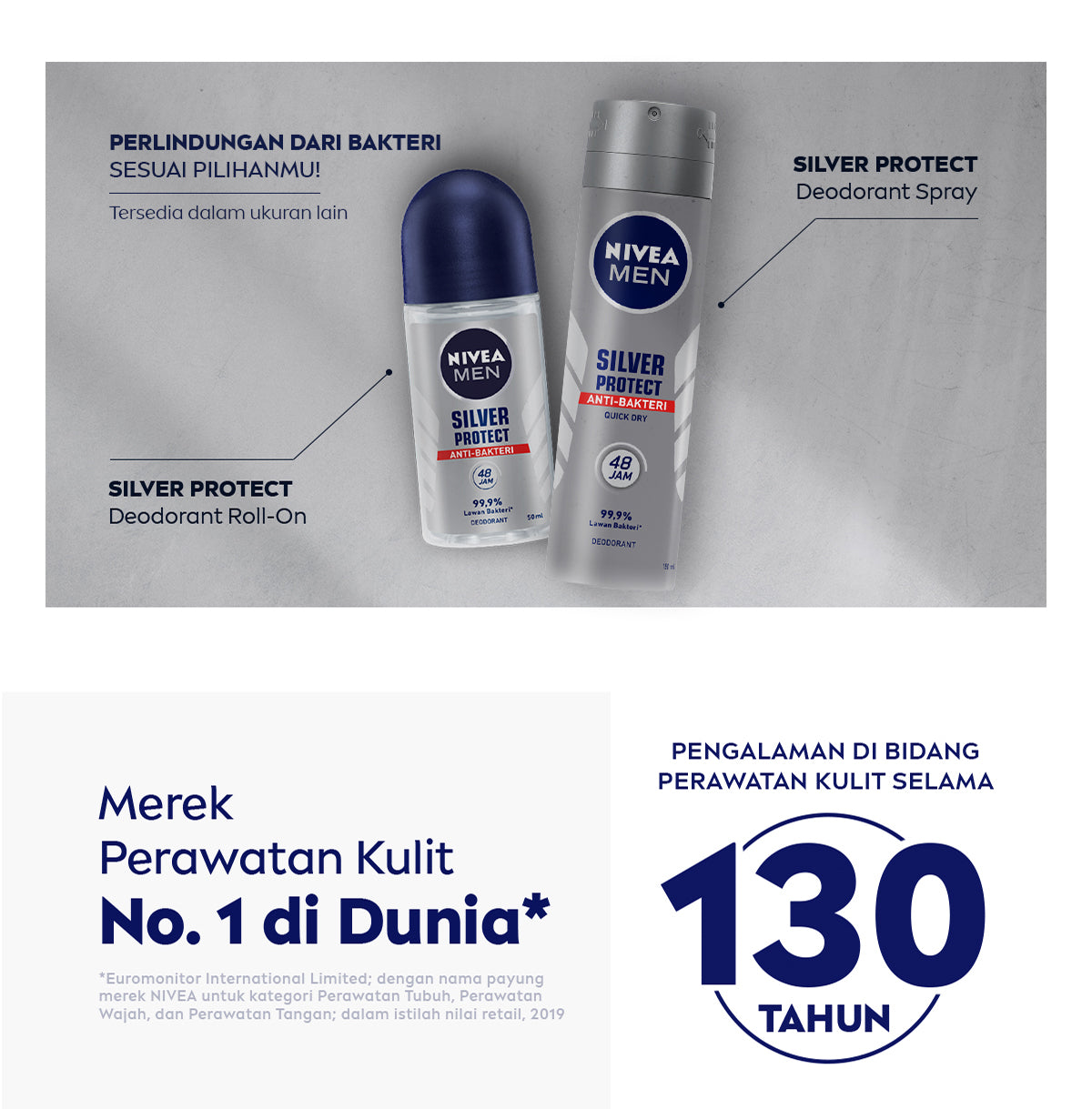 NIVEA MEN Deodorant Roll On Silver Protect 50ml - Deodoran pria anti bakteri antiperspirant anti noda baju wangi segar ketiak kering tahan lama seharian tahan keringat anti bau - Antiperspiran, tidak mengandung ethyl alkohol