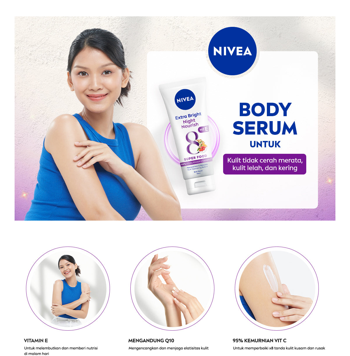 NIVEA Body Serum Extra Bright Night Nourish Vit E 180ml - Hand body serum lotion moisturizer mencerahkan kulit kusam cerah badan glowing brightening tone up melembabkan kering pagi malam day & night - 95% Vitamin C, Grapeseed oil, 8 Super food