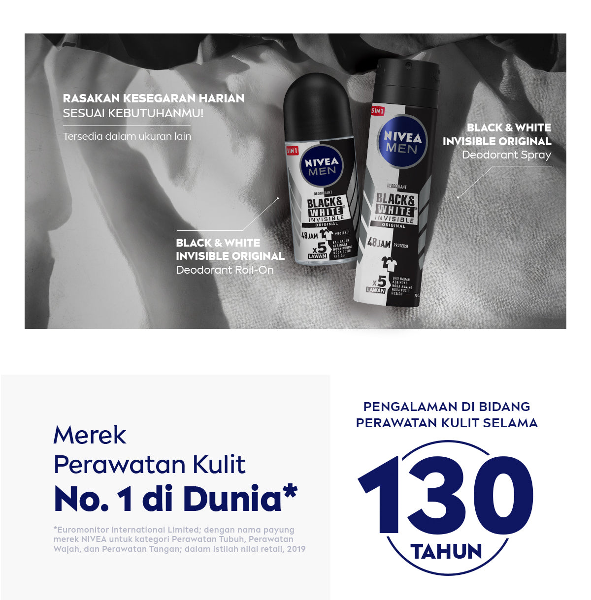 NIVEA MEN Deodorant Roll On Black & White Invisible Original 25ml - Deodoran pria melawan bakteri keringat bau badan dengan teknologi anti noda kuning putih dan residu wangi maskulin segar seharian - Antiperspiran, tidak mengandung ethyl alkohol