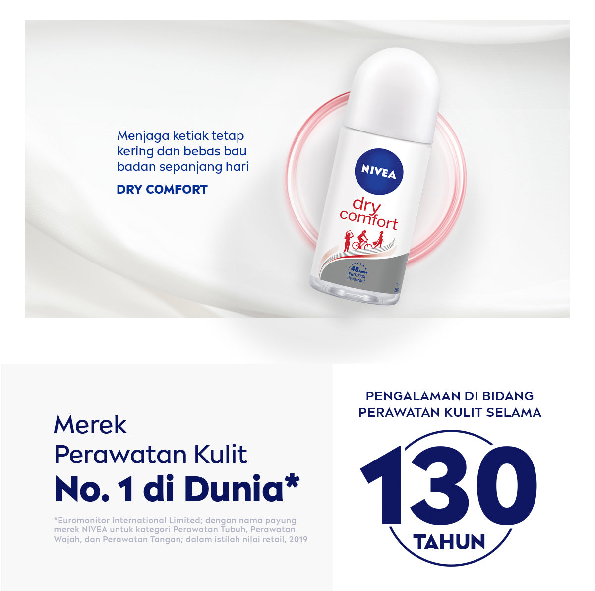 NIVEA Deodorant Roll On Dry Comfort 50ml - Deodoran wanita kering mengontrol minyak anti bau keringat dan bakteri dengan aroma lembut segar tahan lama seharian - Antiperspiran, tidak mengandung ethyl alkohol cocok untuk semua jenis kulit
