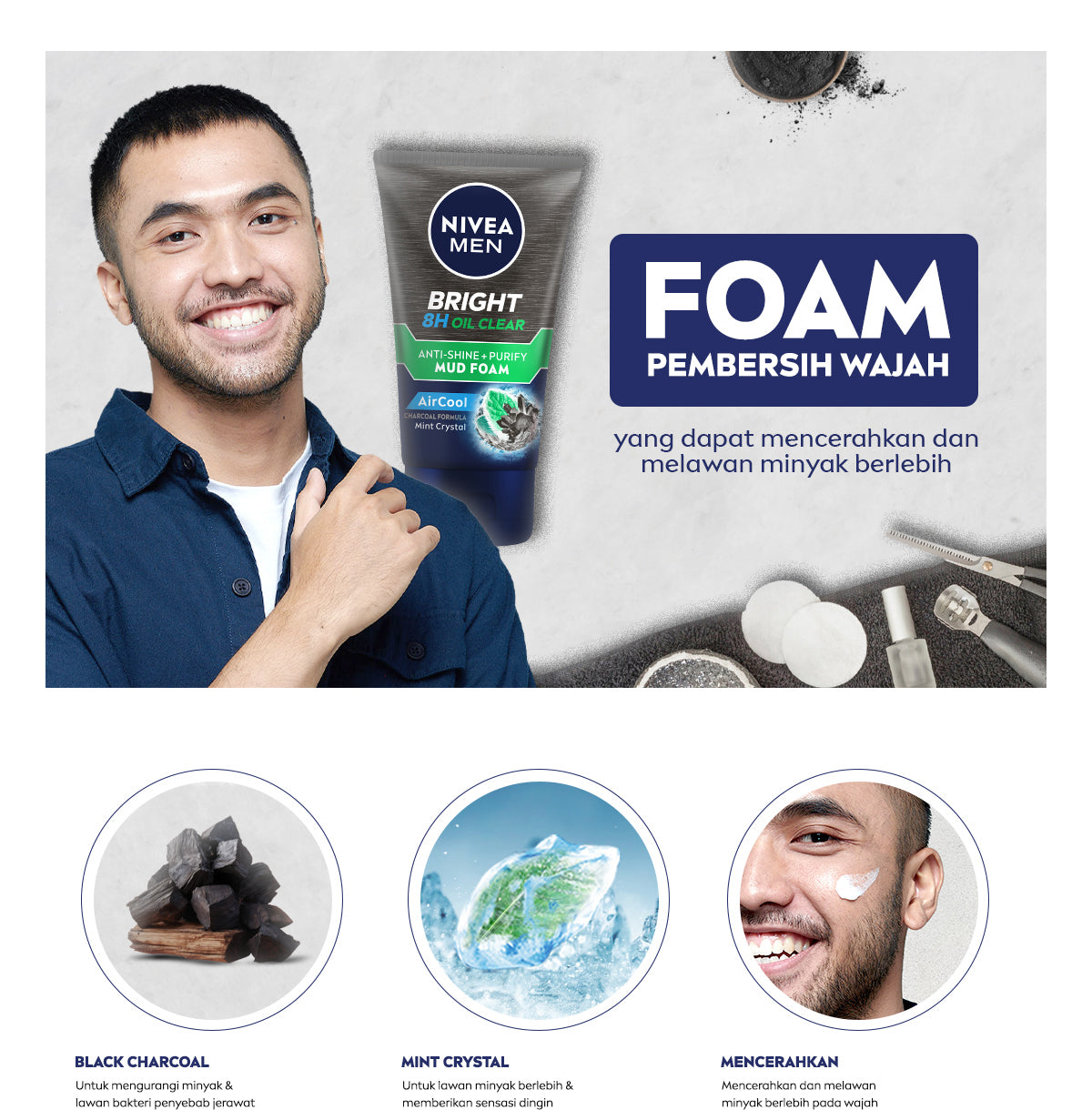 NIVEA MEN Facial Foam Bright Oil Clear Anti Shine + Purify Cooling 50ml - Sabun cuci muka pria mencerahkan minyak berlebih berminyak kulit kusam facial wash pembersih wajah cerah dingin mengecilkan pori komedo - Black Charcoal, Mint Crystal